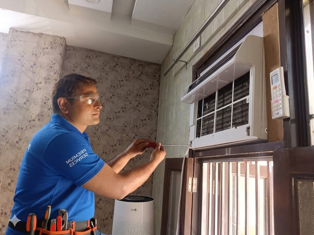 Technician working on industrial HVAC unit